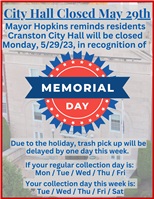 City Hall Closed for Memorial Day, Monday 5/29/2023